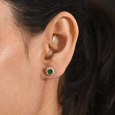 D'Joy - Natural Chrome Diopside & White Zircon Halo Earring with Push Post in Platinum Overlay Sterling Silver 1.10 Ct.