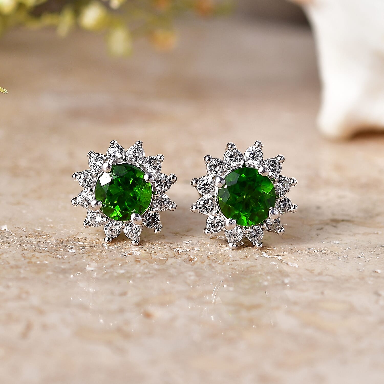 D'Joy - Natural Chrome Diopside & White Zircon Halo Earring with Push Post in Platinum Overlay Sterling Silver 1.10 Ct.