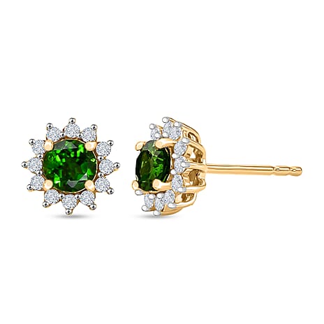 D'Joy - Natural Chrome Diopside & White Zircon Halo Earring with Push Back in Yellow Gold Plated Sterling Silver 1.10 Ct.