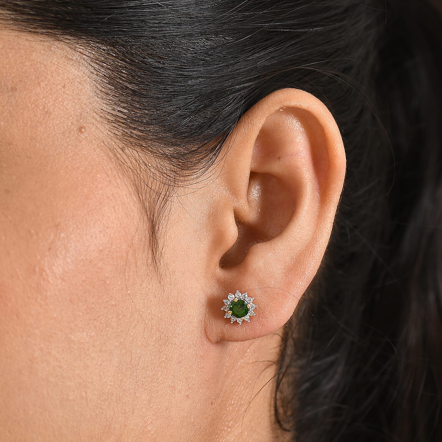 D'Joy - Natural Chrome Diopside & White Zircon Halo Earring with Push Back in Yellow Gold Plated Sterling Silver 1.10 Ct.