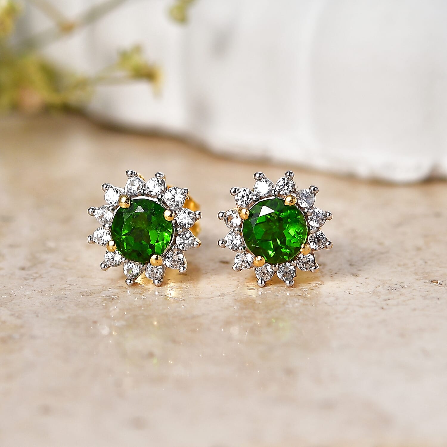 D'Joy - Natural Chrome Diopside & White Zircon Halo Earring with Push Back in Yellow Gold Plated Sterling Silver 1.10 Ct.