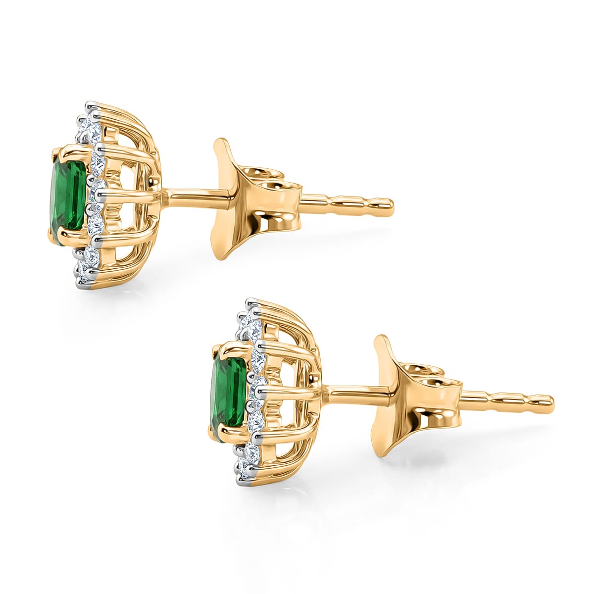 D'Joy - Natural Chrome Diopside & White Zircon Halo Earring with Push Back in Yellow Gold Plated Sterling Silver 1.10 Ct.