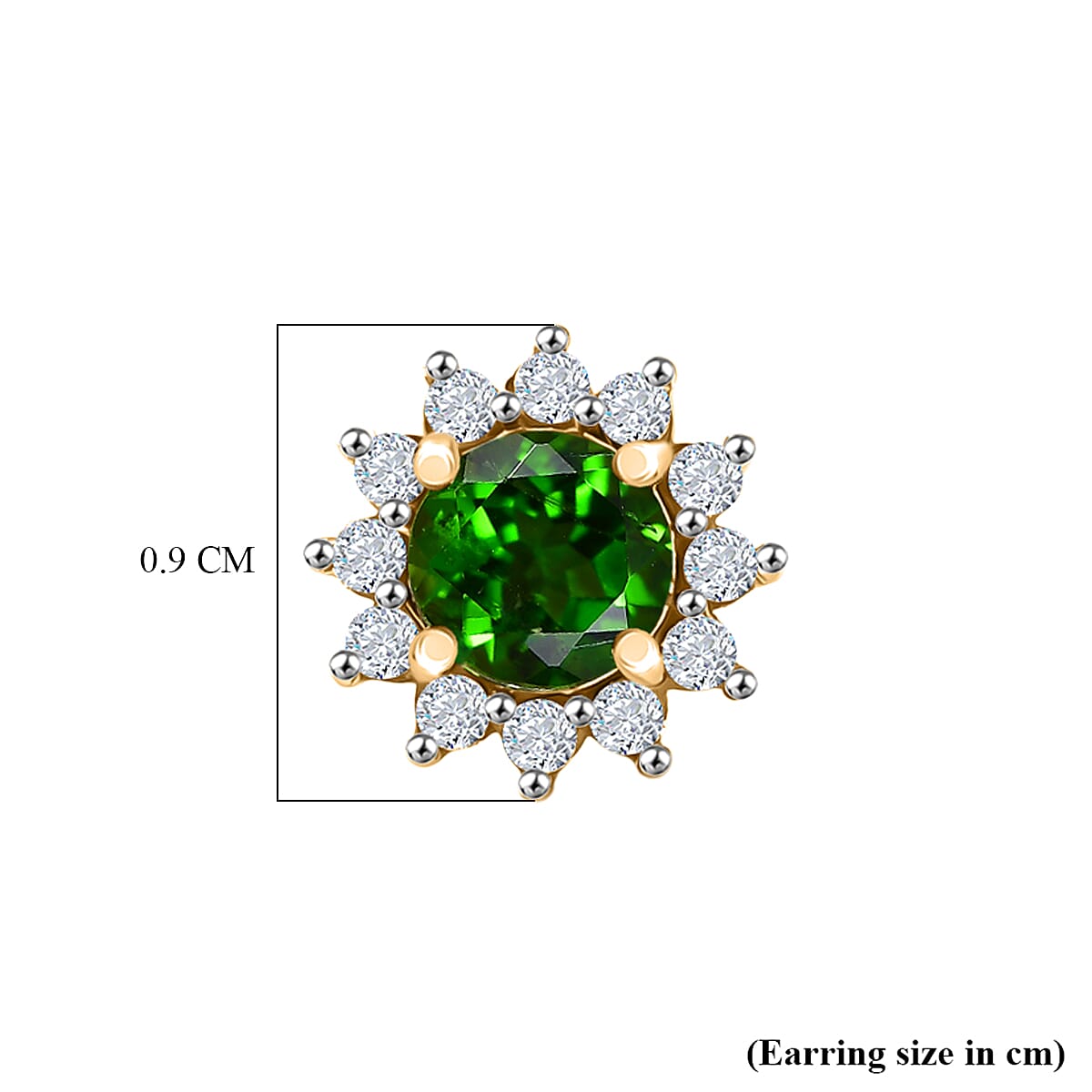 D'Joy - Natural Chrome Diopside & White Zircon Halo Earring with Push Back in Yellow Gold Plated Sterling Silver 1.10 Ct.