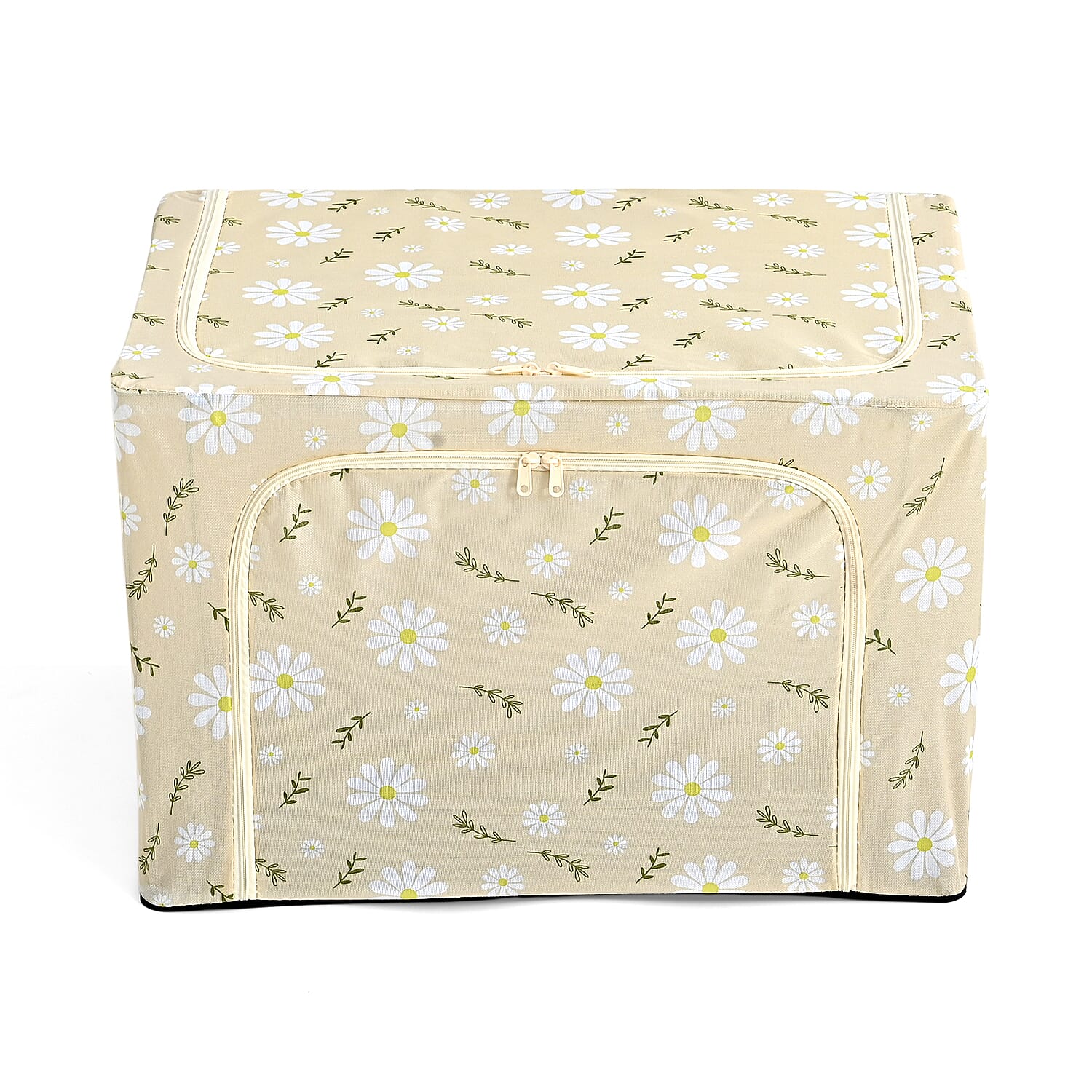 Floral Print Foldable Steel Frame Clothes Organizer with Clear Window & Dual Zippers (60x42x39cm) - Beige