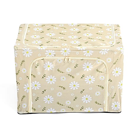 Floral Print Foldable Steel Frame Clothes Organizer with Clear Window & Dual Zippers (60x42x39cm) - Beige