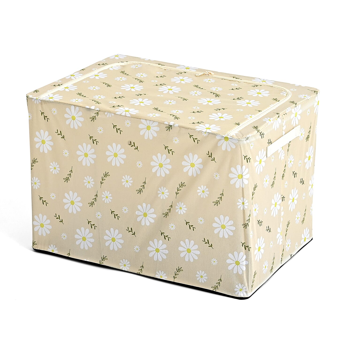 Floral Print Foldable Steel Frame Clothes Organizer with Clear Window & Dual Zippers (60x42x39cm) - Beige