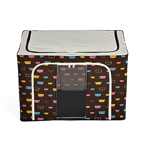 Multi-icon Print Foldable Steel Frame Clothes Organizer with Clear Window & Dual Zippers (60x42x39cm) - Brown Bear