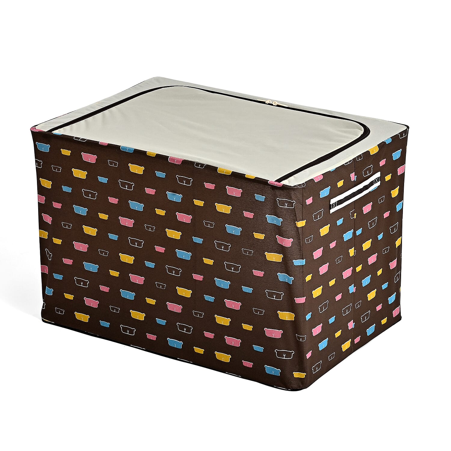 Multi-icon Print Foldable Steel Frame Clothes Organizer with Clear Window & Dual Zippers (60x42x39cm) - Brown Bear