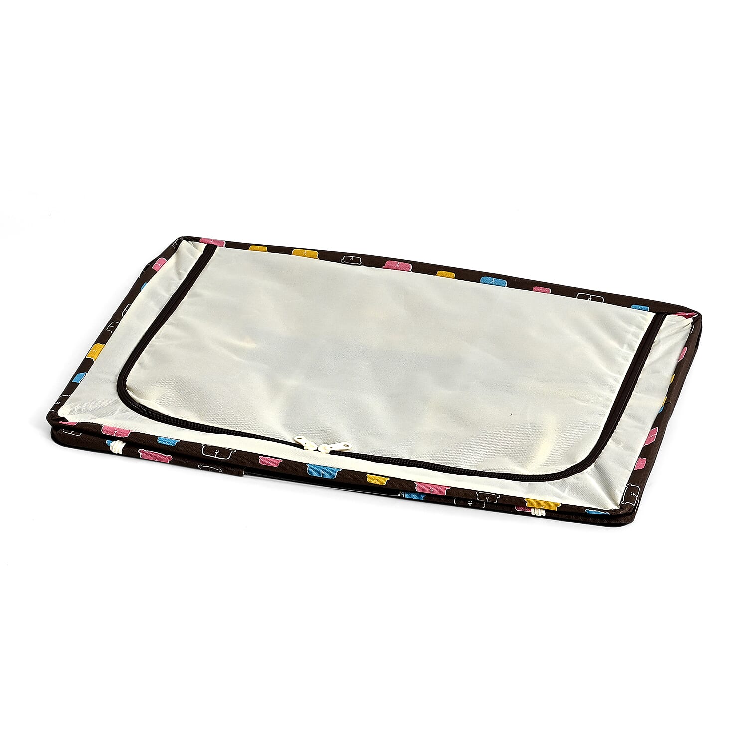Multi-icon Print Foldable Steel Frame Clothes Organizer with Clear Window & Dual Zippers (60x42x39cm) - Brown Bear