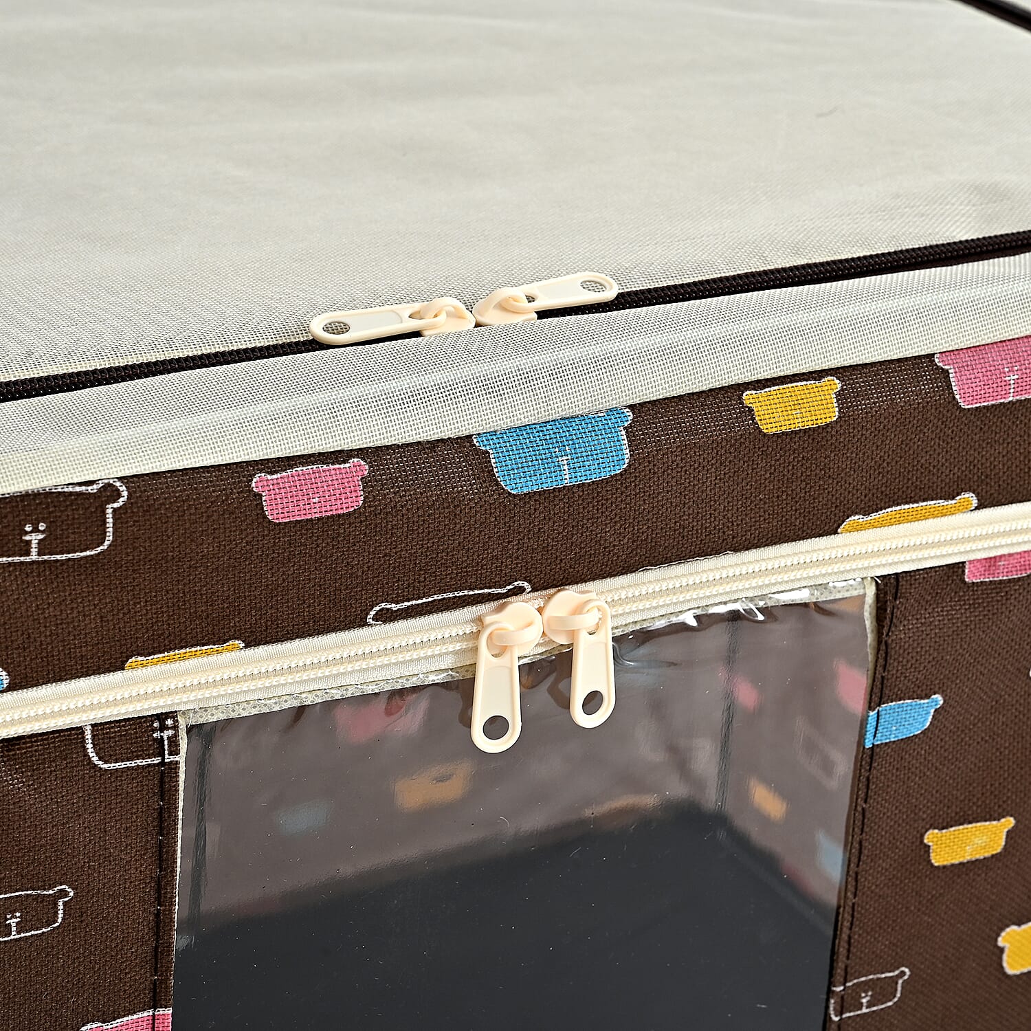 Multi-icon Print Foldable Steel Frame Clothes Organizer with Clear Window & Dual Zippers (60x42x39cm) - Brown Bear