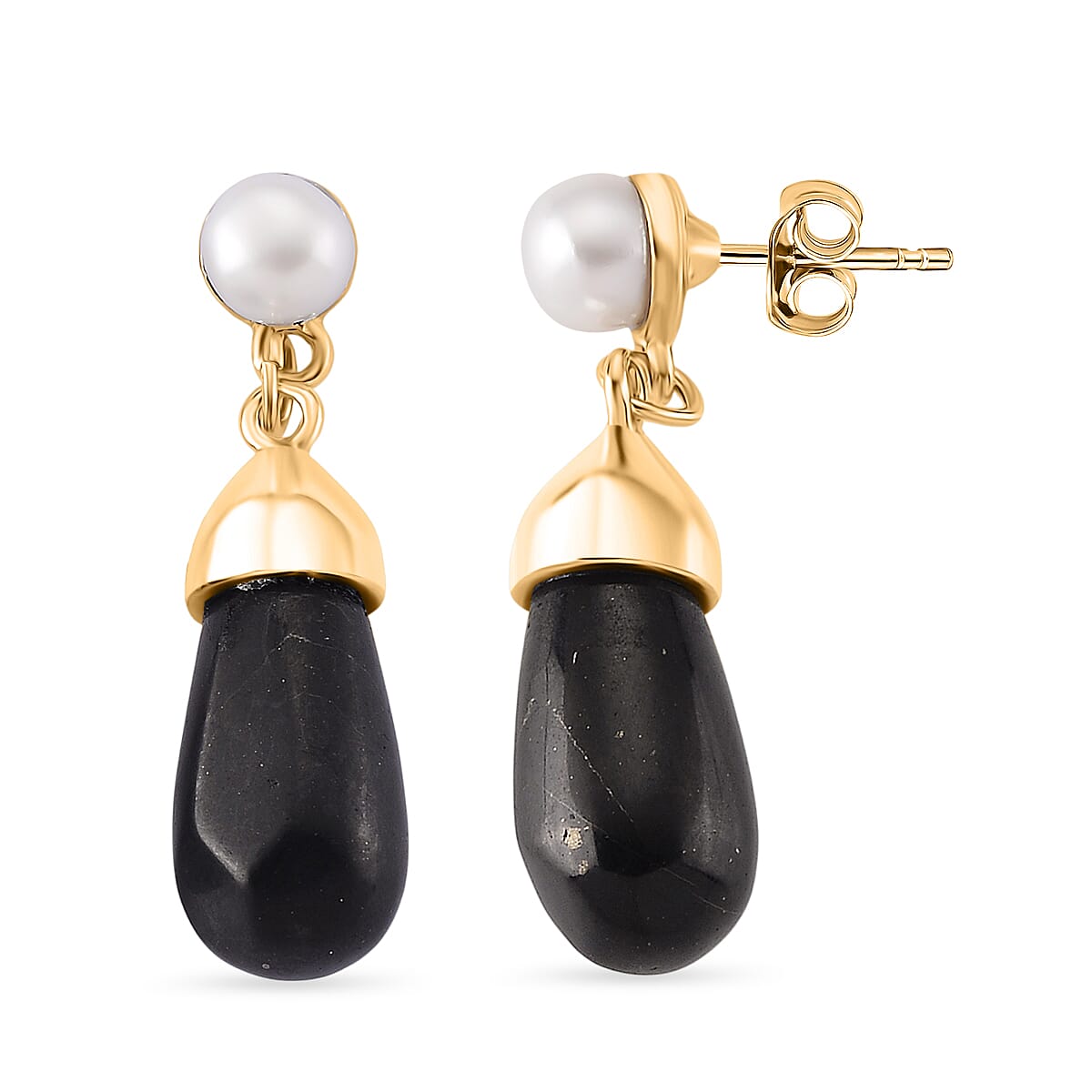White Fresh Water Pearl & Shungite Drop Earring with Push Back in Yellow Tone 40.00 Ct.