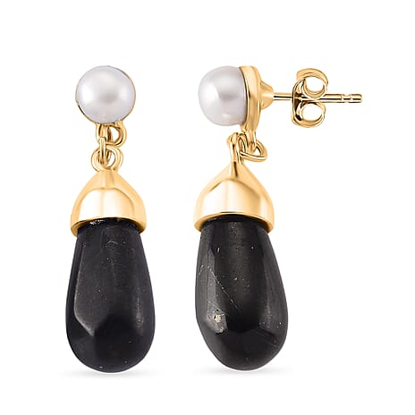 White Fresh Water Pearl & Shungite Drop Earring with Push Back in Yellow Tone 40.00 Ct.