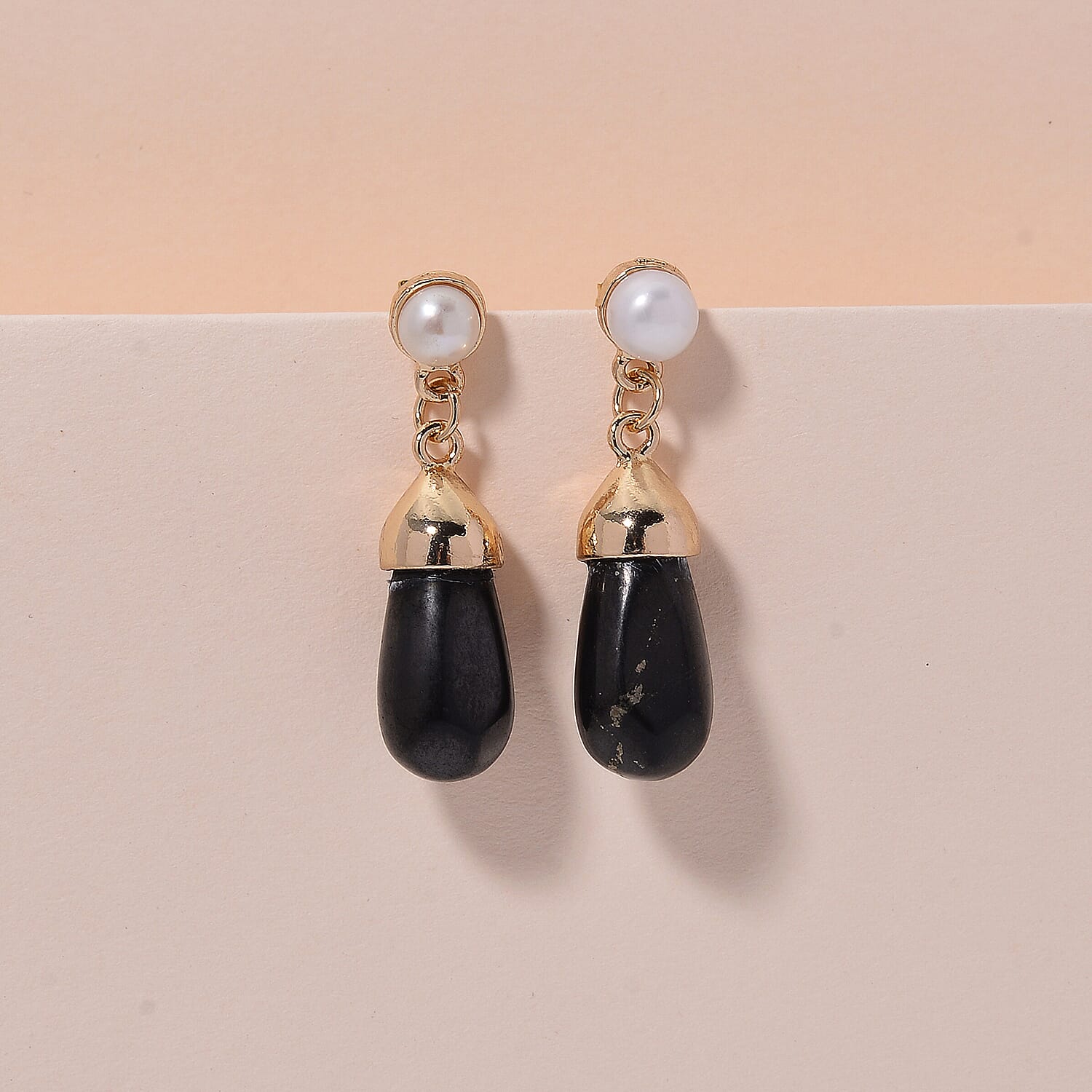 White Fresh Water Pearl & Shungite Drop Earring with Push Back in Yellow Tone 40.00 Ct.