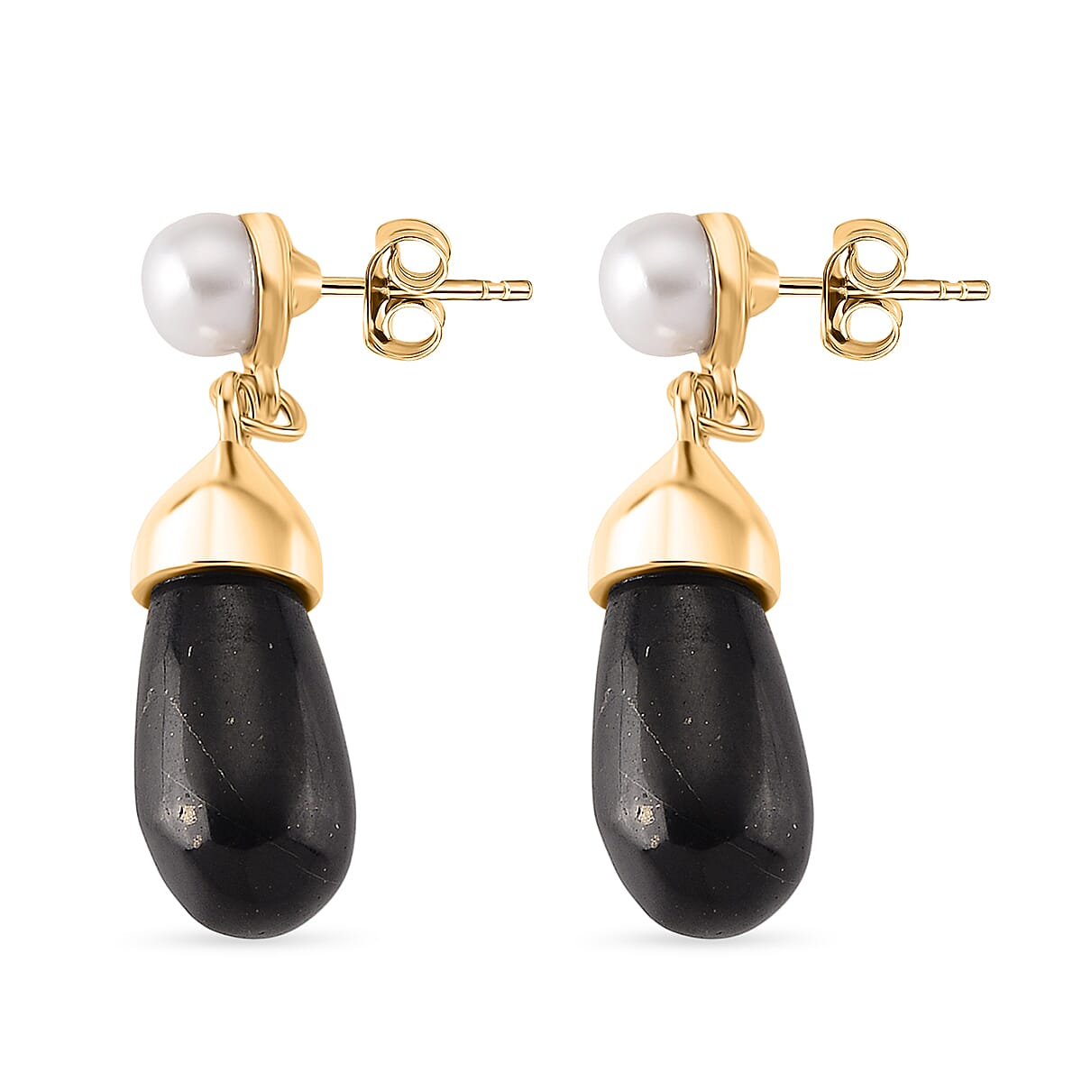 White Fresh Water Pearl & Shungite Drop Earring with Push Back in Yellow Tone 40.00 Ct.