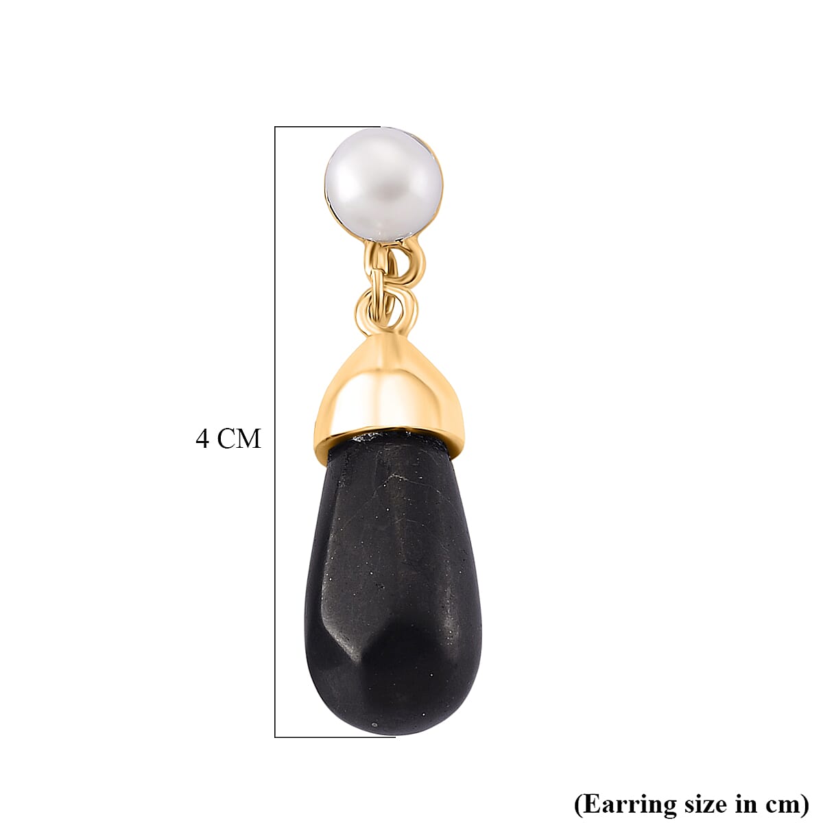 White Fresh Water Pearl & Shungite Drop Earring with Push Back in Yellow Tone 40.00 Ct.