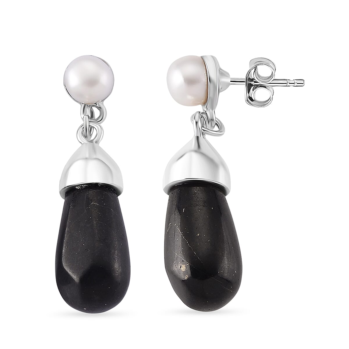 White Fresh Water Pearl & Shungite Drop Earring with Push Back in White Tone 40.00 Ct.