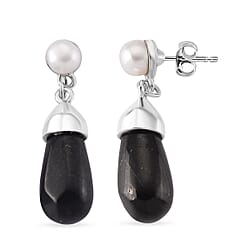White Fresh Water Pearl & Shungite Drop Earring with Push Back in White Tone 40.00 Ct.