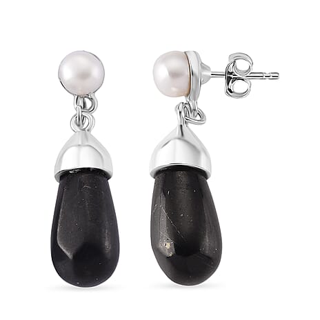 White Fresh Water Pearl & Shungite Drop Earring with Push Back in White Tone 40.00 Ct.
