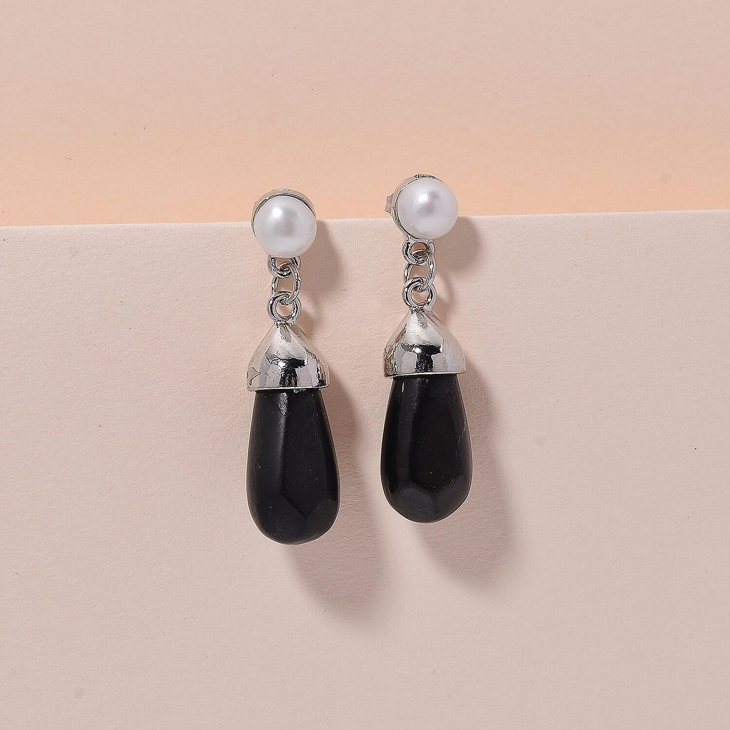 White Fresh Water Pearl & Shungite Drop Earring with Push Back in White Tone 40.00 Ct.