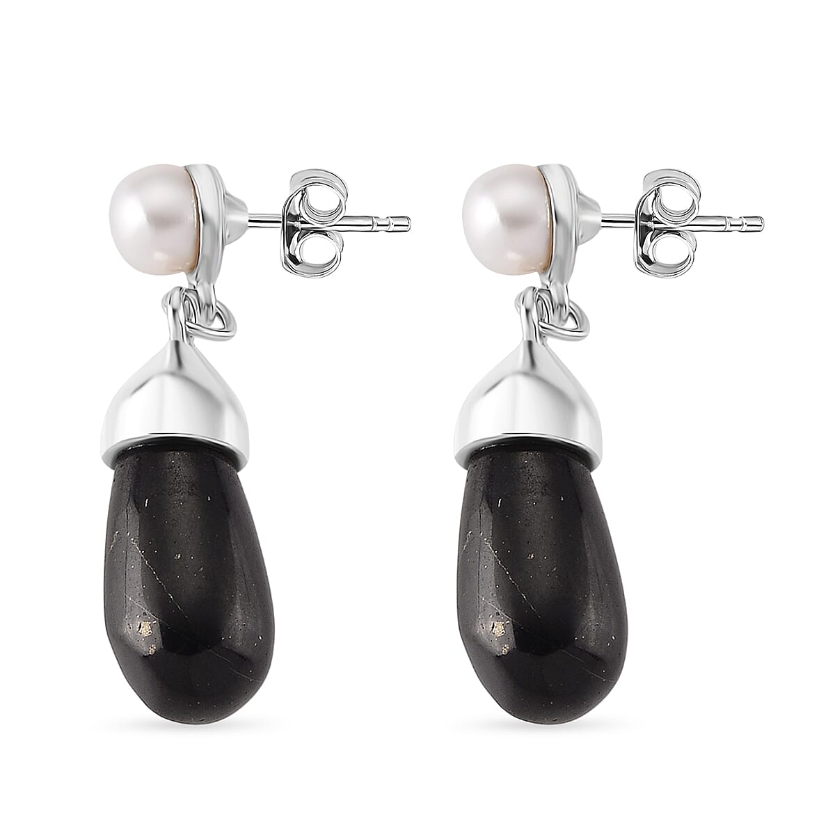 White Fresh Water Pearl & Shungite Drop Earring with Push Back in White Tone 40.00 Ct.