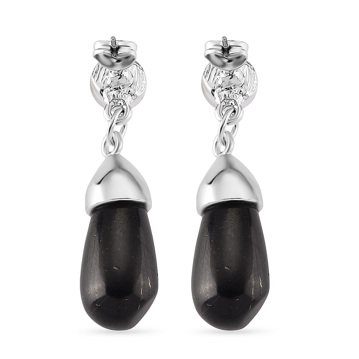 White Fresh Water Pearl & Shungite Drop Earring with Push Back in White Tone 40.00 Ct.