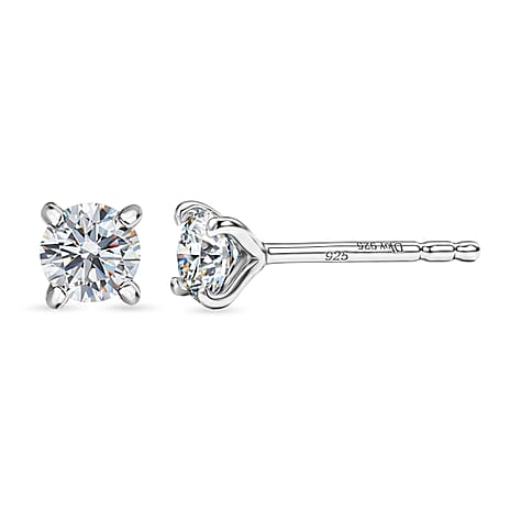D'Joy - Moissanite Solitaire Stud Push Post Earring in Platinum Overlay Sterling Silver
