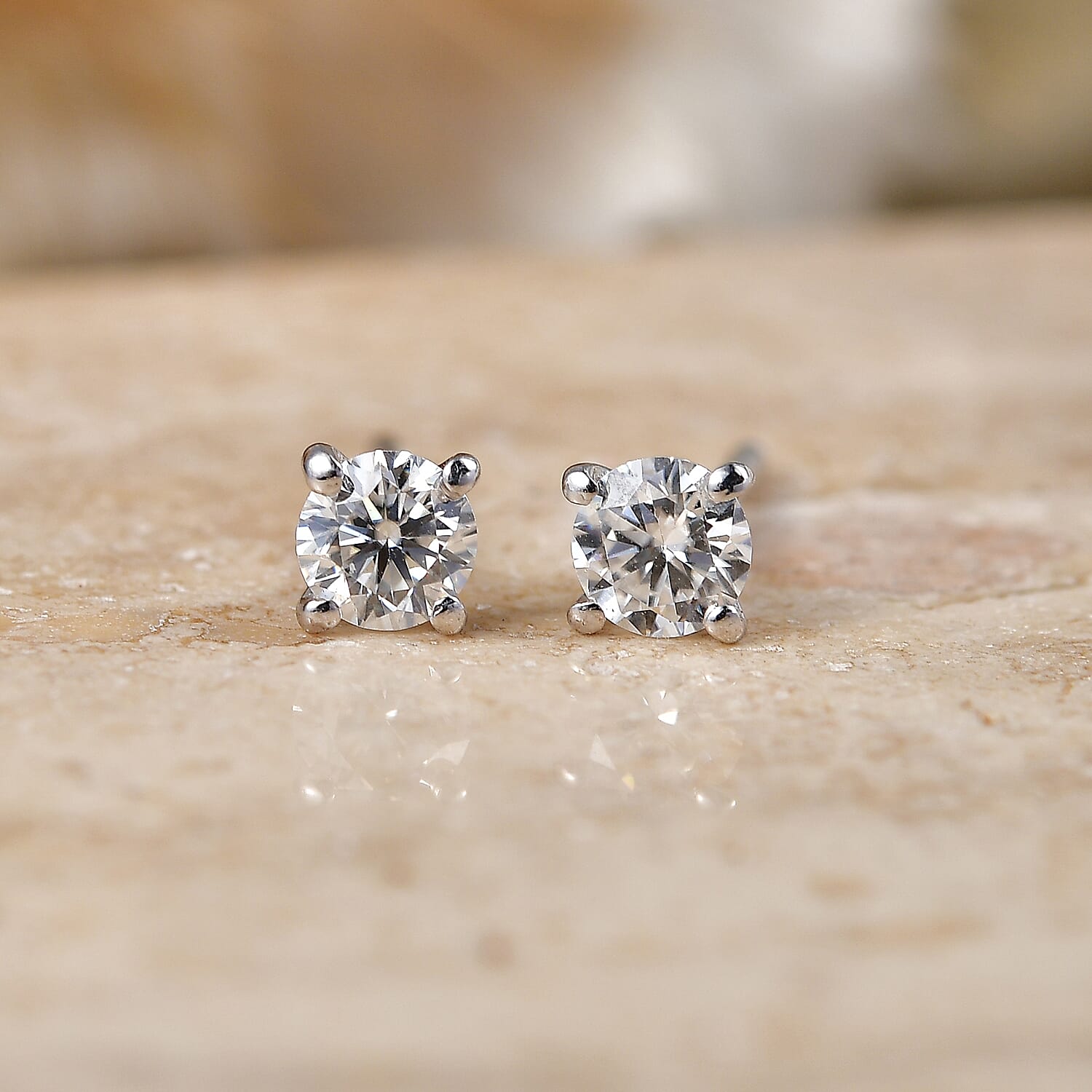 D'Joy - Moissanite Solitaire Stud Push Post Earring in Platinum Overlay Sterling Silver