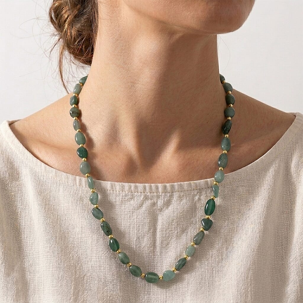 Green Aventurine Adjustable Beads Necklace (Size - 24-1 Ext) in Yellow Gold Tone 100.00 Ct.