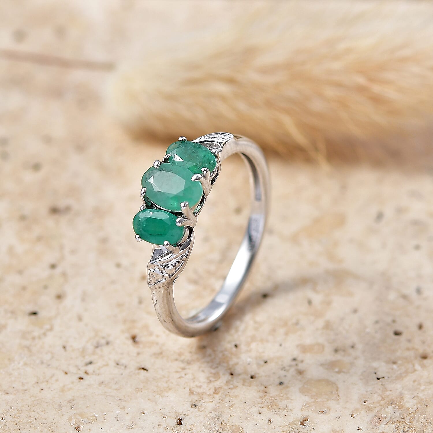 Royal Bali Collection - D'Joy Emerald Oval Cut Trilogy Ring in 18K Vermeil Yellow Gold Plated Sterling Silver