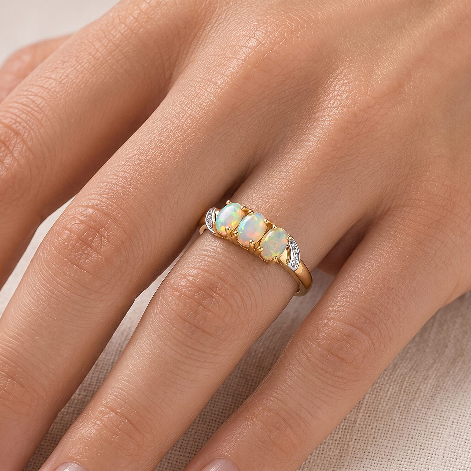 Ethiopian Opal Trilogy Ring in Yellow Gold Plated Sterling Silver