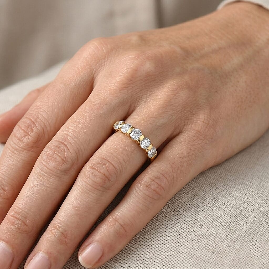 D'Joy - Moissanite 5 Stone Ring 18K Vermeil Yellow Gold Plated Sterling Silver 1.10 Ct.