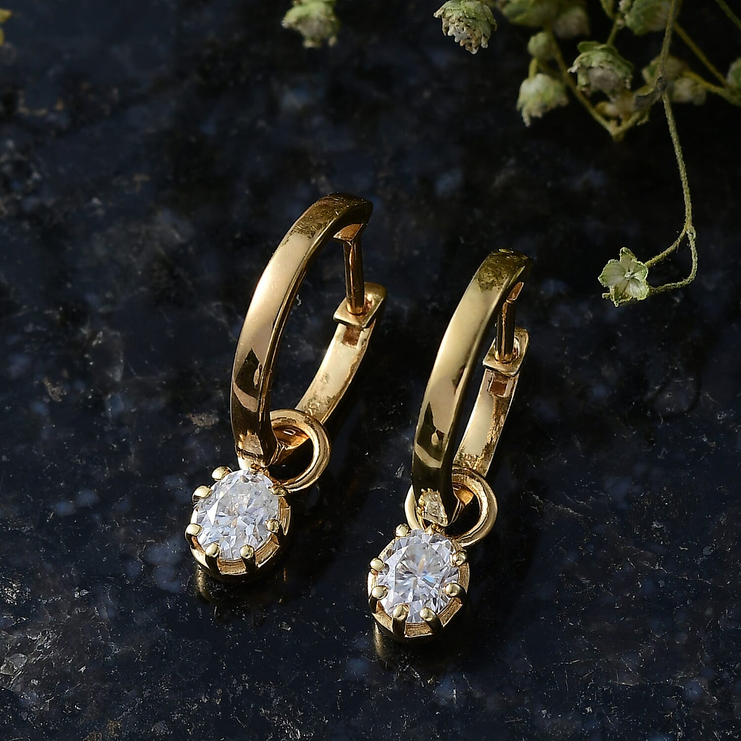 D'Joy - Moissanite Solitaire Full Hoop Earring in Yellow Gold Plated Sterling Silver