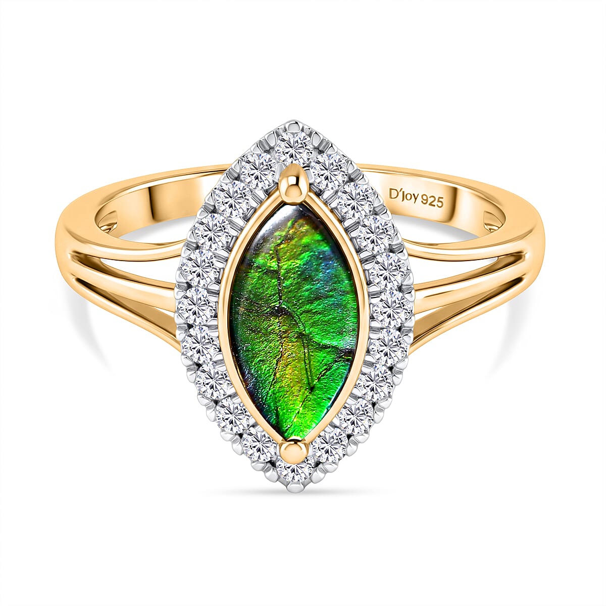D'Joy - Ammolite & White Zircon Ring in Yellow Gold Plated Sterling Silver 1.43 Ct.