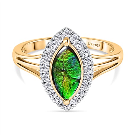 D'Joy - Ammolite & White Zircon Ring in Yellow Gold Plated Sterling Silver 1.43 Ct.