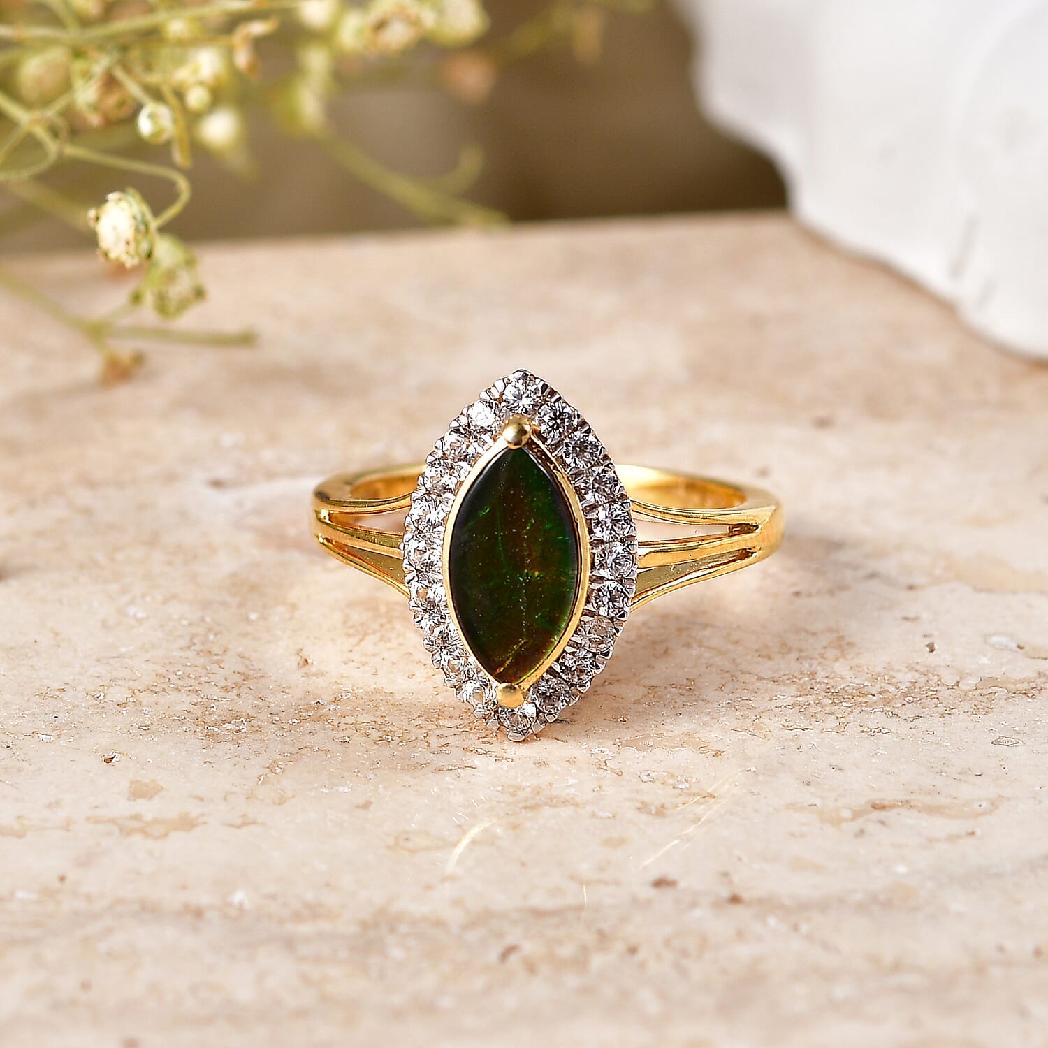 D'Joy - Ammolite & White Zircon Ring in Yellow Gold Plated Sterling Silver 1.43 Ct.