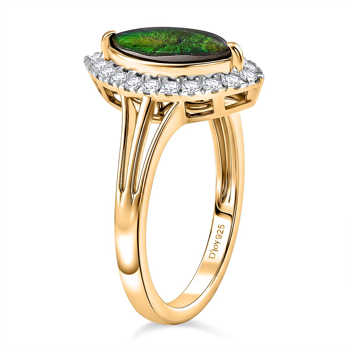 D'Joy - Ammolite & White Zircon Ring in Yellow Gold Plated Sterling Silver 1.43 Ct.