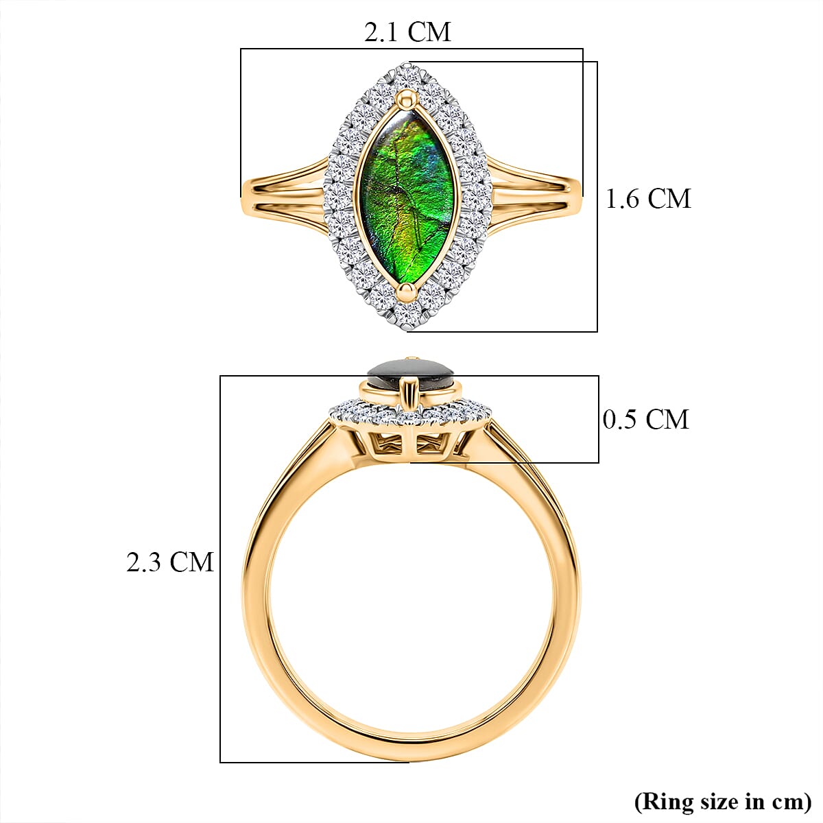 D'Joy - Ammolite & White Zircon Ring in Yellow Gold Plated Sterling Silver 1.43 Ct.