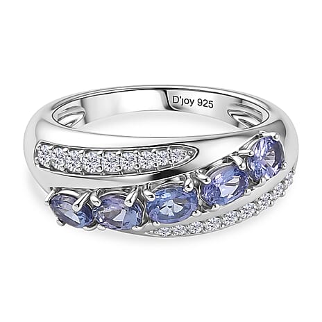 D'Joy - Tanzanite & White Zircon 5 Stone Ring in Rhodium Overlay Sterling Silver 1.17 Ct.