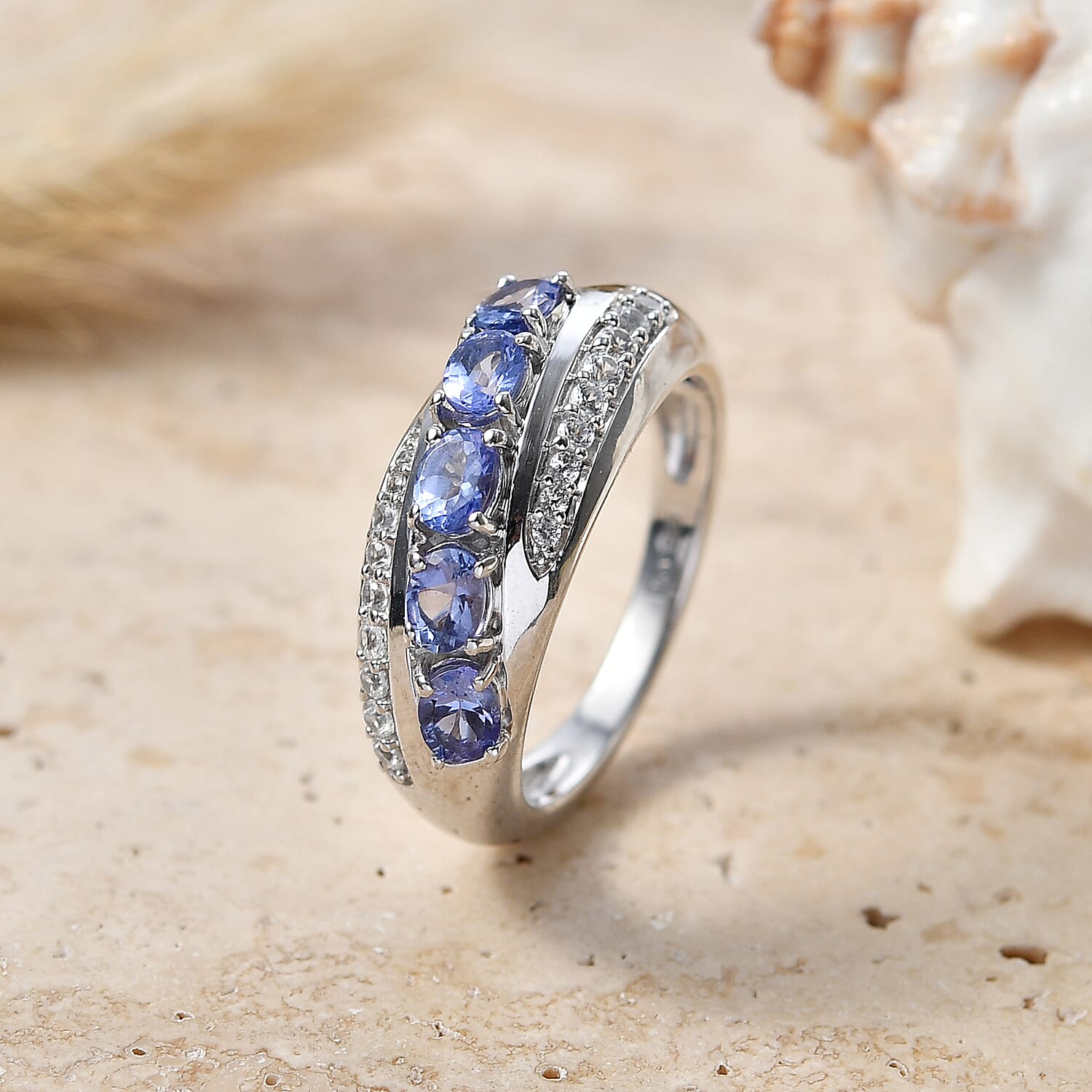 D'Joy - Tanzanite & White Zircon 5 Stone Ring in Rhodium Overlay Sterling Silver 1.17 Ct.