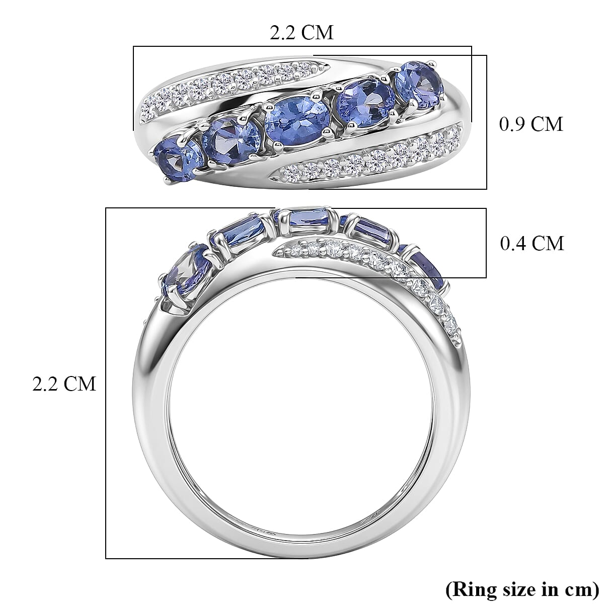 D'Joy - Tanzanite & White Zircon 5 Stone Ring in Rhodium Overlay Sterling Silver 1.17 Ct.