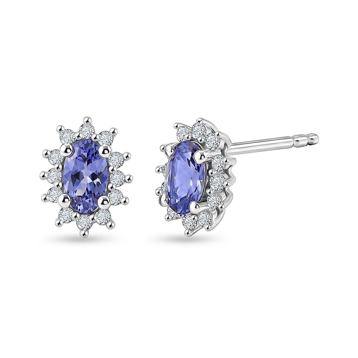 D'Joy - Tanzanite & White Zircon Halo Earring with Push Post in Platinum Overlay Sterling Silver