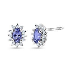 D'Joy - Tanzanite & White Zircon Halo Earring with Push Post in Platinum Overlay Sterling Silver