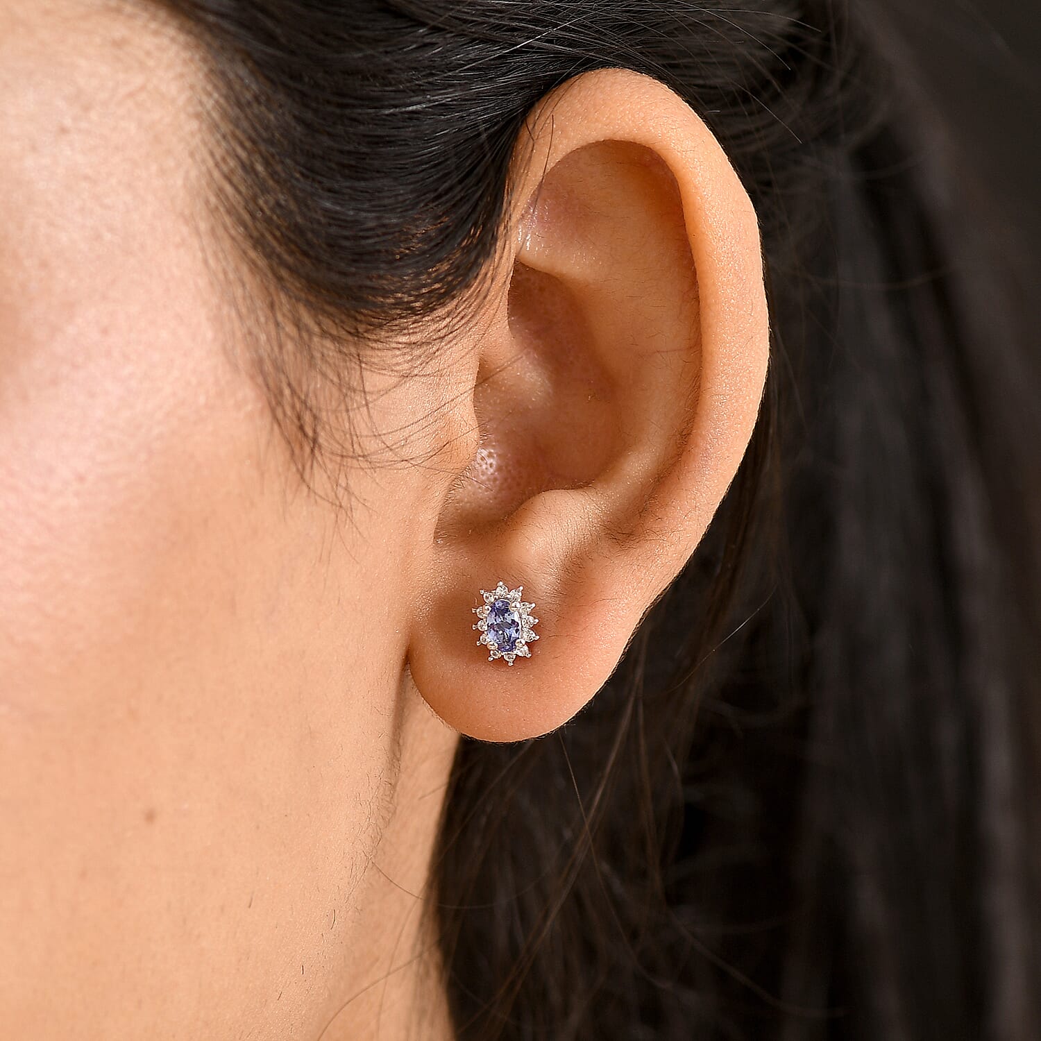 D'Joy - Tanzanite & White Zircon Halo Earring with Push Post in Platinum Overlay Sterling Silver