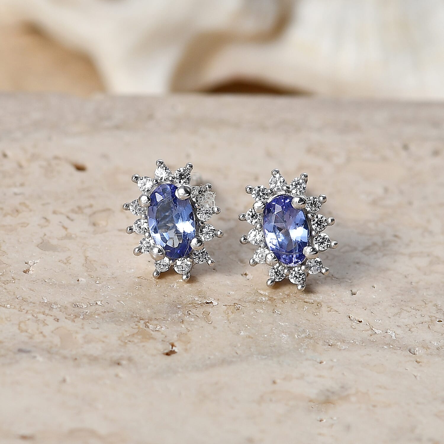 D'Joy - Tanzanite & White Zircon Halo Earring with Push Post in Platinum Overlay Sterling Silver