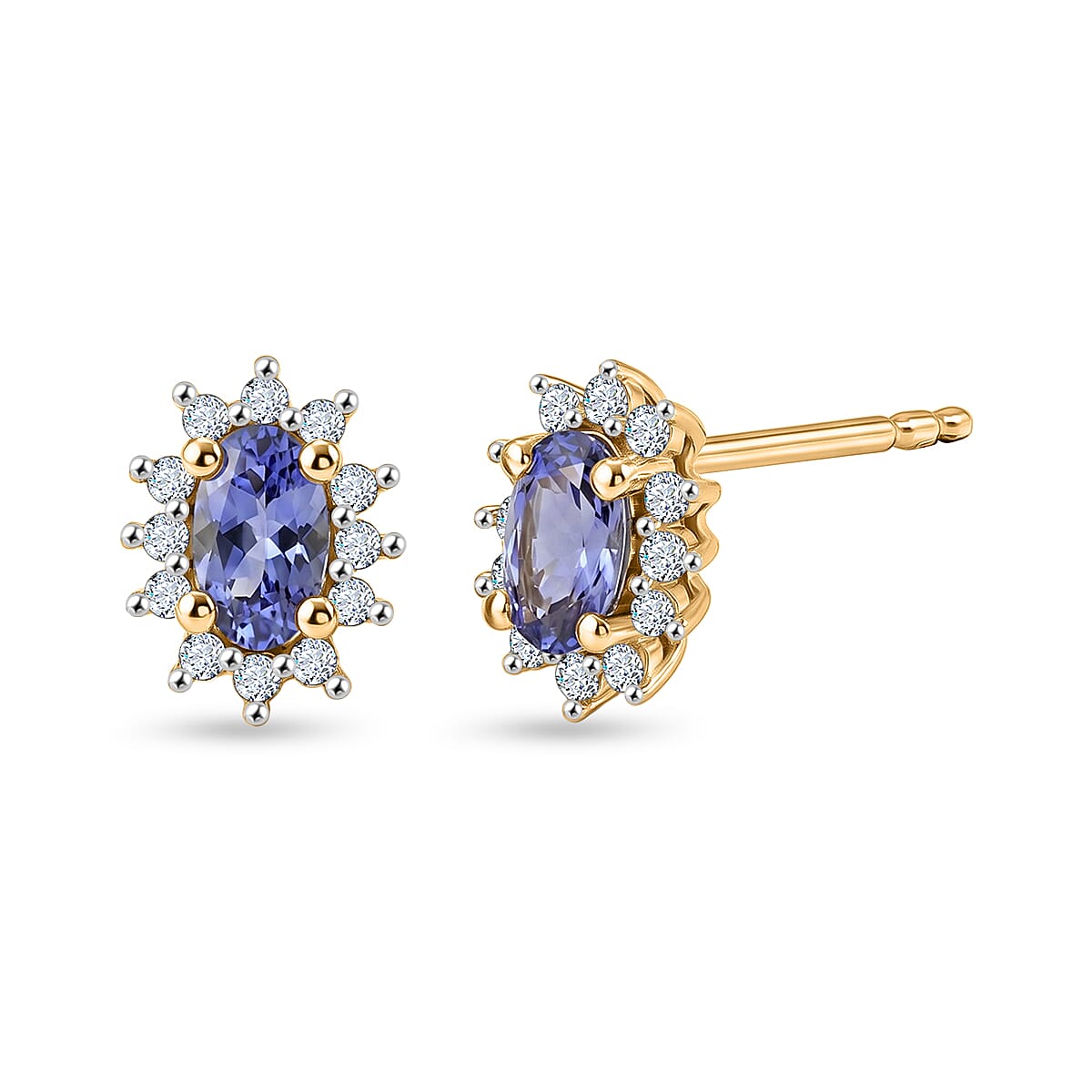D'Joy - Tanzanite & White Zircon Halo Earring with Push Post in Yellow Gold Plated Sterling Silver