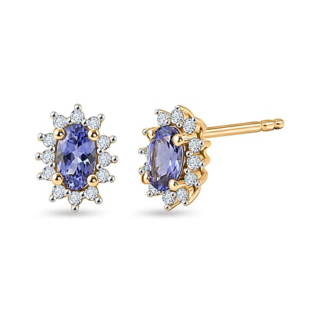 D'Joy - Tanzanite & White Zircon Halo Earring with Push Post in Yellow Gold Plated Sterling Silver