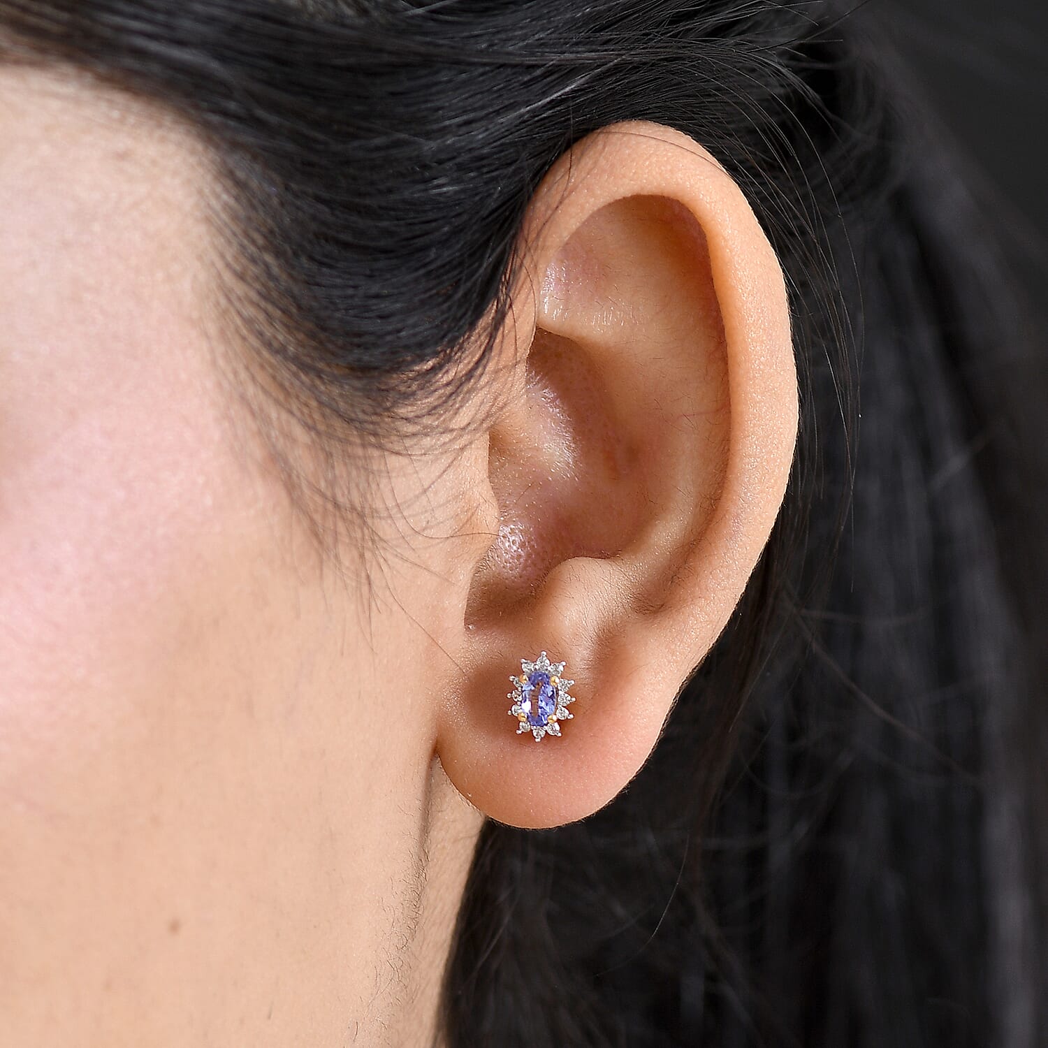 D'Joy - Tanzanite & White Zircon Halo Earring with Push Post in Yellow Gold Plated Sterling Silver