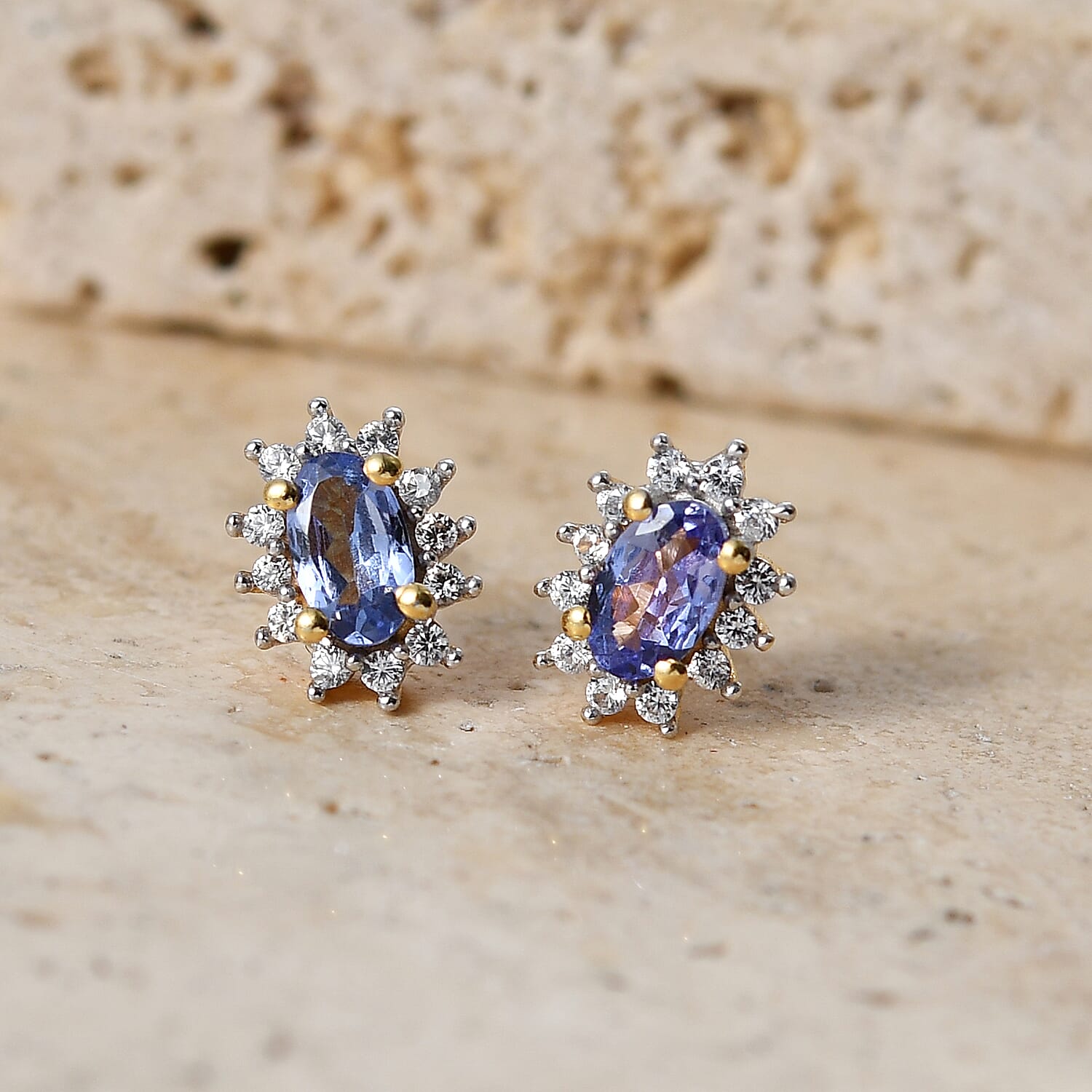 D'Joy - Tanzanite & White Zircon Halo Earring with Push Post in Yellow Gold Plated Sterling Silver