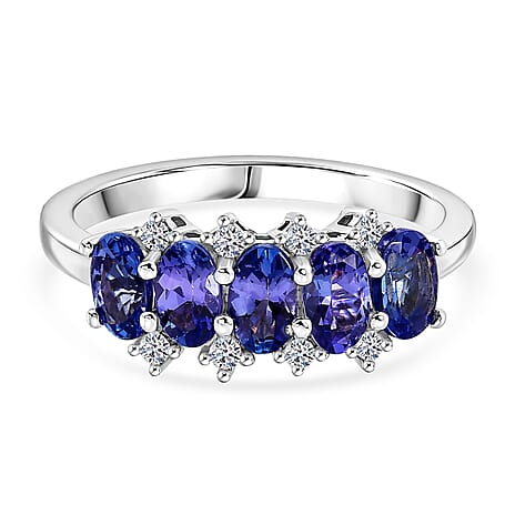 Luxuriant - AAA Tanzanite & Lab Grown Diamond (SI-G-H) 5 Stone Ring in Rhodium Overlay Sterling Silver 1.40 Ct.
