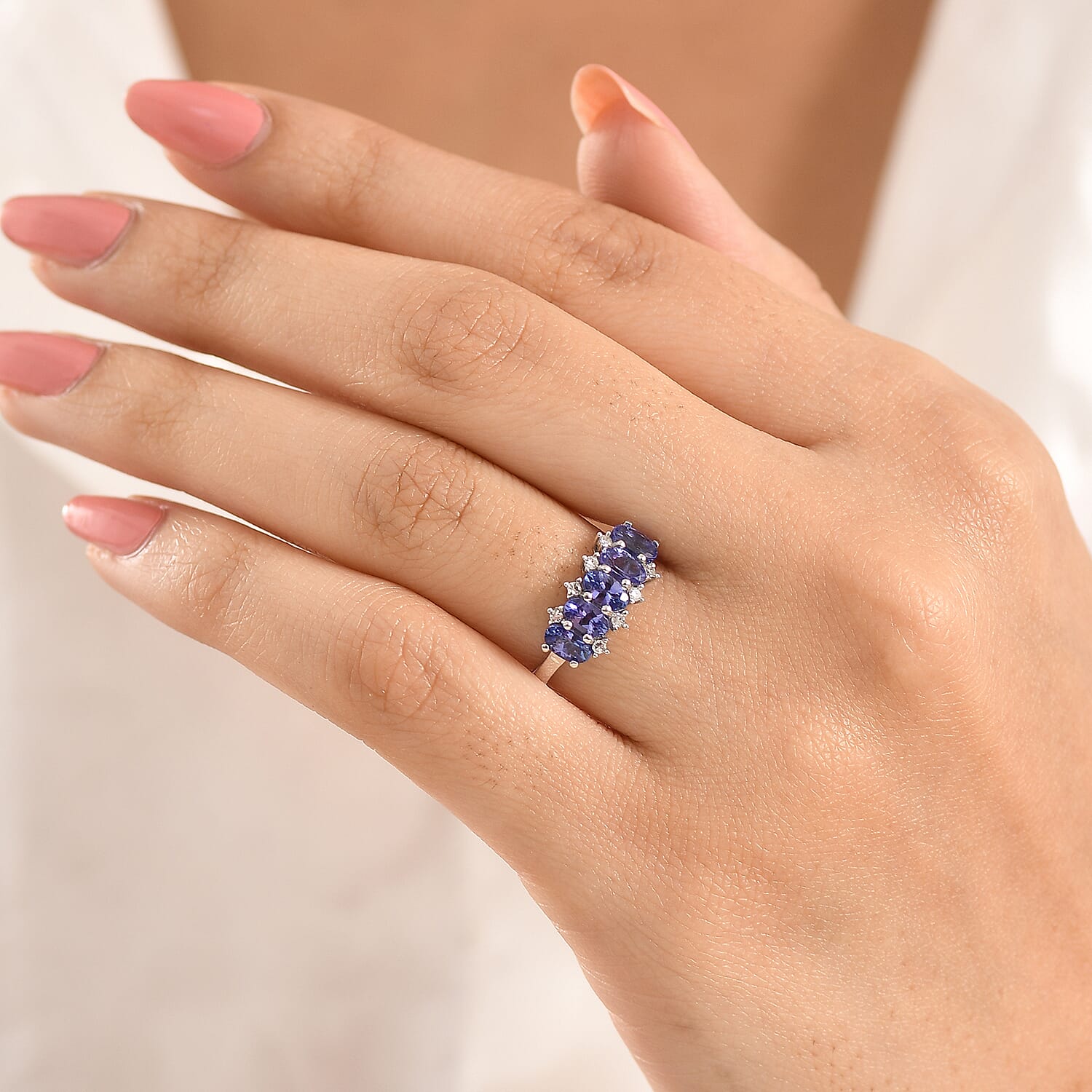 Luxuriant - AAA Tanzanite & Lab Grown Diamond (SI-G-H) 5 Stone Ring in Rhodium Overlay Sterling Silver 1.40 Ct.